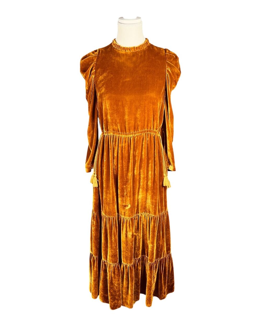 Ulla Johnson Bunny Amber Silk Blend Velvet Puff Sleeve Tiered Midi Dress Size 0